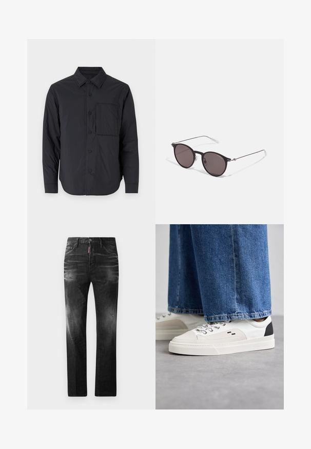 Camicia nera leggera con bottoni, colletto a punta, maniche lunghe e una tasca sul petto con un motivo testurizzato.; T-shirt grigio a maniche corte realizzato in morbido tessuto testurizzato. Presenta un classico colletto a girocollo e un orlo dritto, adatto per un abbigliamento casual.; Jeans in denim nero con vestibilità dritta. Presentano aree sbiadite, leggeri segni di usura, classico design a cinque tasche e chiusura con bottone.; Sneaker bianche e nere con parte superiore in pelle liscia, dettagli testurizzati e suola bianca spessa. Presentano un classico design con lacci.; Occhiali da sole neri rotondi con lenti scure e sottili bracci in metallo. Include punte trasparenti e accenti argentati alla cerniera. Design minimalista.