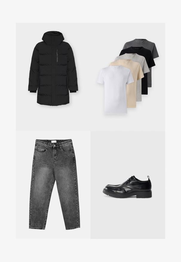 Černá péřová bunda s vysokým límcem a zipem vpředu. Obsahuje boční kapsy, hladký povrch a prošívaný design s polstrovanými sekcemi.; Sada pěti triček s krátkým rukávem v bílé, béžové, světle šedé, tmavě šedé a černé barvě. Vyrobena z hladké bavlny, s designem kulatého výstřihu.; Černé prané rovné džíny s předními a zadními kapsami, poutky na opasek a knoflíkovým zapínáním v pase.; Černé kožené společenské boty s kulatou špičkou, šněrováním a dekorativním švem. Obsahují silnou, texturovanou gumovou podrážku a patní úchyt.