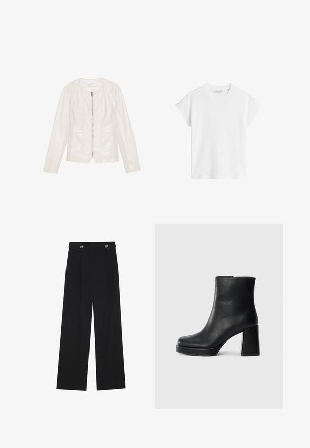 Veste en simili cuir blanc avec un design ajusté, manches longues, col rond et fermeture éclair à l'avant. Elle comporte des poches latérales et des détails en surpiqûres.; T-shirt blanc à manches courtes en coton. Présente une coupe décontractée avec un col rond et des coutures d'épaule légèrement abaissées. Sans motifs ni accents.; Pantalons larges noirs à taille haute, avec des détails de boutons à la taille et des plis sur le devant.; Bottine en cuir noir avec un talon bloc et une semelle plateforme, vue de côté sur un fond blanc uni.