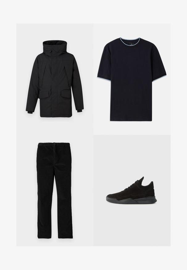 Μαύρο μπουφάν με μόνωση, ψηλό λαιμό, δύο μπροστινές τσέπες, κλείσιμο με φερμουάρ και κουμπιά, και λείο, υφαντό ύφασμα.; Σκούρο μπλε κοντομάνικο μπλουζάκι με στρογγυλή λαιμόκοψη, που διαθέτει ανοιχτό μπλε λεπτομέρεια στον γιακά και τα μανίκια. Φτιαγμένο από μαλακό βαμβακερό ύφασμα.; Μαύρο σατέν παντελόνι καμπάνα με ελαστική ζώνη και κορδόνι στη μπροστινή πλευρά, αναδεικνύεται σε λευκό φόντο.; Μαύρο σουέτ αθλητικό παπούτσι με χαμηλό προφίλ, υφή στο επάνω μέρος, επίπεδα κορδόνια και συμπαγή καουτσούκ σόλα που διαθέτει ελαφρώς τακούνι και καμπυλωτό σχέδιο.