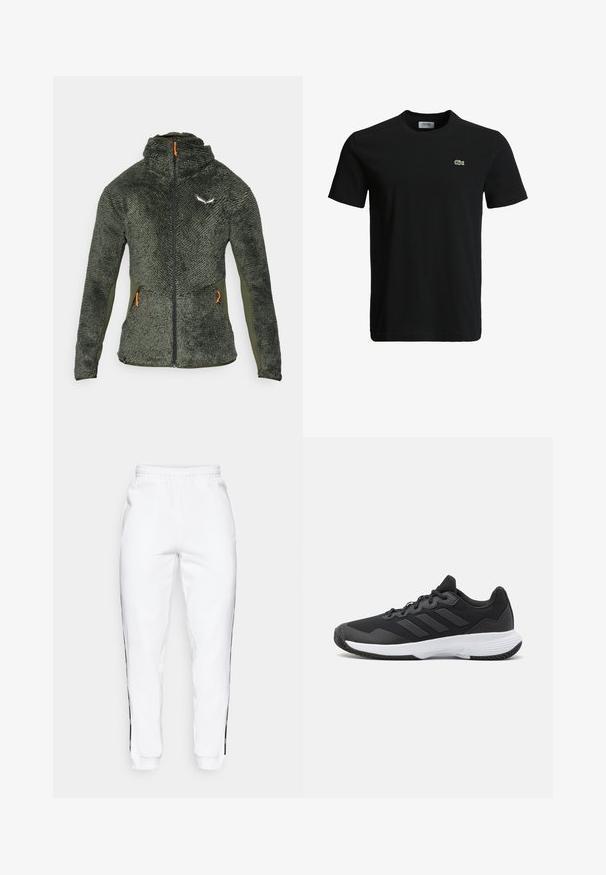 Žalias flisinis džemperis su tekstūru, aukšta apykakle, visiškai užtraukiamas ir su oranžiniais užtrauktuko vilkikais. Viršutinėje kairėje krūtinės pusėje yra logotipas.; Juodas medvilninis marškinėliai su apvaliu kaklu, trumpomis rankovėmis ir mažu žaliu krokodilo logotipu kairėje krūtinės pusėje. Lygi tekstūra, kasdieniškas dizainas.; Baltos sportinės kelnės su elastinga juosmena, turinčios juodas šonines juosteles ir rankogalius. Pagamintos iš minkštos medžiagos su lygia tekstūra.; Juodas sportinis batelis su tekstūruota viršutine dalimi, trimis horizontaliomis juostelėmis ir baltu padu su raštuotu protektoriumi. Lengvas ir aerodinamiškas dizainas.