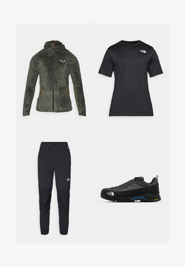Zelená fleecová bunda s textúrovaným povrchom, vysokým golierom, plným zipsom a oranžovými ťahacími prvkami. Na hornej ľavej časti hrude má logo.; Čierne tričko s krátkym rukávom vyrobené z ľahkej, vlhkosť odvádzajúcej tkaniny. Má biele logo na ľavej strane hrudníka a okrúhly výstrih.; Čierne vonkajšie nohavice so zúženým strihom, vyrobené z odolného materiálu. Obsahujú zipsové vrecká a diskrétne logo na prednej nohe.; The North Face VERTO ALPINE GORE TEX - Turistické topánky - asphalt grey/tnf black