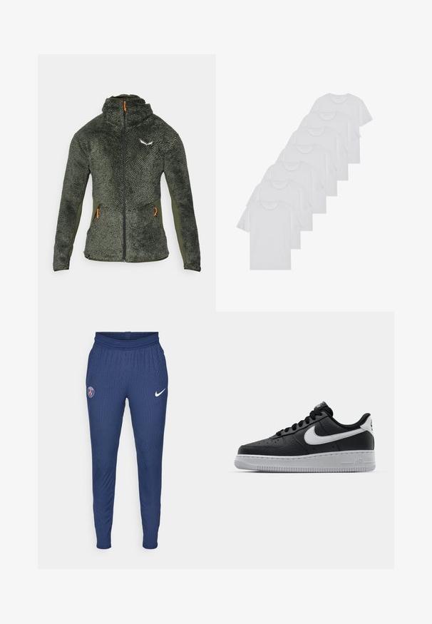 Roheline fliistagi tekstuuriga pinnaga, kõrge kaelusega, täispikksukaga ja oranžide tõmblukkudega. Üks põhijoon on logo vasakul ülaservas.; Valge puuvillane T-särk, lühikeste varrukatega, ümar neel, ühtlane tekstuur, reastatud kuhjale, kaeluses peene brändinguga.; Tumed sportlikud püksid, mis on valmistatud tekstuuriga kangast, esitavad vasakul reiel Pariisi logo ja paremal Nike swooshi valges värvuses.; Must musta sneaker tekstureeritud pinnaga, valge Nike logo, hall tald, ümar varv ja paeltega disain. Omab perforatsioone varbakasti peal.