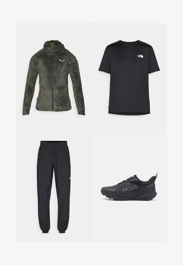 Jachetă din fleece verde, cu o suprafață texturată, guler înalt, fermoar complet și cursorii de fermoar portocalii. Prezintă un logo pe partea superioară stângă a pieptului.; Tricou negru cu mânecă scurtă, realizat dintr-un material ușor. Prezintă un mic logo alb pe pieptul stâng și accente subtile pe umeri.; Pantaloni atletici negri, confecționați dintr-un material ușor, cu un tiv elastic la talie, buzunare laterale și tivuri ajustate la gleznă.; Pantofii de alergare Hoka negri au un superior din plasă, detalii texturate și o talpă groasă, căptușită, cu margini conice pentru un suport îmbunătățit.