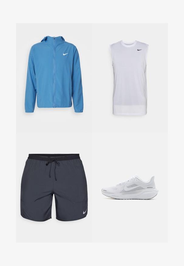 Jasnoniebieska kurtka przeciwdeszczowa Nike z kapturem, zapinana z przodu na zamek, z długimi rękawami oraz małym białym logo na lewej części klatki piersiowej.; Biała bezrękawnik sportowy wykonany z lekkiego materiału. Posiada okrągły dekolt oraz małe czarne logo Nike na górnej lewej części.; Krótki spodenki do biegania Nike w ciemnoszarym kolorze, z elastycznym pasem w talii i sznurkiem ściągającym oraz srebrnym akcentem logo na dolnej części prawej nogawki.; Białe buty sportowe z siateczkową cholewką, gładkimi naszywkami, szarymi akcentami, sznurówkami i amortyzowaną podeszwą zaprojektowaną z myślą o wydajności.