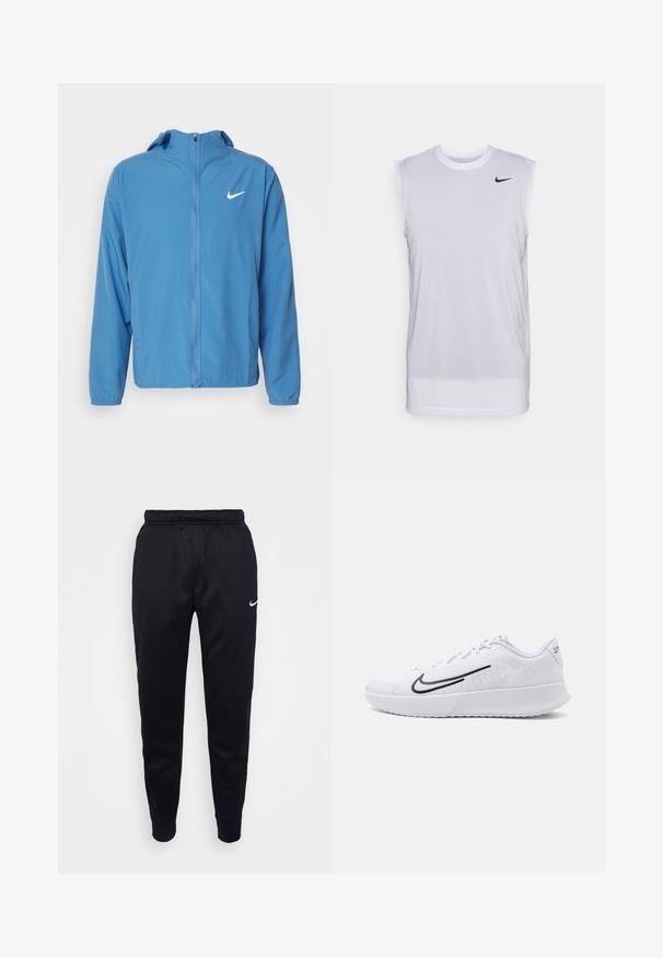Világoskék Nike széldzseki kapucnival, elöl cipzárral, hosszú ujjakkal és egy kis fehér logóval a bal mellső részen.; Fehér ujjatlan sportpóló könnyű anyagból. Kerek nyakkivágással és egy kis fekete Nike logóval a bal felső részen.; Fekete Nike melegítő nadrág rugalmas derékkal, szűkített lábakkal és diszkrét logós részlettel. Simább anyagból készült, egyszerű dizájnnal.; Fehér sportcipők, hálós felsőrészsel és texturált részletekkel, oldalán fekete swoosh logóval és párnázott fehér talppal.