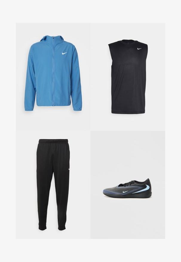 Lichtblauwe Nike windbreaker jas met capuchon, vooraan met rits, lange mouwen en een klein wit logo op de linker borst.; Zwarte mouwloze sportshirt gemaakt van gladde stof, met een ronde hals en een klein wit Nike swooshlogo aan de bovenlinkerkant.; Zwarte sportbroek gemaakt van gladde stof, met een elastische tailleband, taps toelopende pijpen en een klein wit logo aan de linkerzijde.; Zwarte en blauwe low-cut sport schoen met een gestructureerd oppervlak, zwarte veters en lichtblauwe Nike swoosh-logo's aan de zijkant en op de zool.