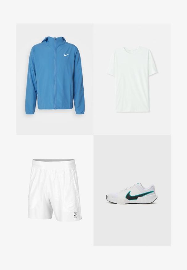 Gaiši zilā Nike vēja jaka ar kapuci, priekšējo rāvējslēdzēju, garām piedurknēm un mazu baltu logotipu kreisajā krūšu daļā.; Gai mints zaļš īsu piedurkņu T-krekls, izgatavots no mīkstas auduma. Tam ir apaļa kakla izgriezuma forma un vienkāršs, taisns griezums bez rotājumiem.; Baltie sporta šorti, kas izgatavoti no viegla auduma, ar elastīgu jostasvītru, divām sānu kabatām un mazu melnu logo pie apakšmalas.; Baltas sporta apavu modelis ar teksturētu sieta augšdaļu, melnu gumijas zoli un tīkkoka Nike swoosh akcentu. Ar pīkstienēm un mīkstu apkaklīti.