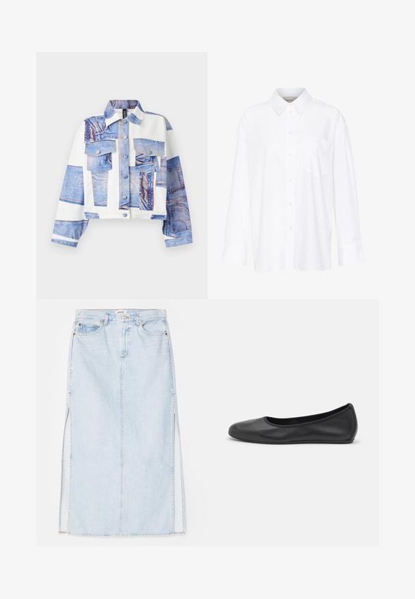 Cropped jacket featuring a denim print design, with five pockets, button closure, and contrasting white fabric panels. Blue hues dominate.; White long-sleeve collared shirt made of cotton. Features a button-down front and a single chest pocket. Smooth texture, relaxed fit.; Light blue denim maxi skirt with a straight cut, featuring side slits and five-pocket design. Prominent stitching and metal button closure.; Black leather ballet flat with a rounded toe, smooth texture, minimal stitching detail, and a flexible sole design.