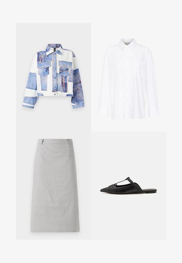 Cropped jacket featuring a denim print design, with five pockets, button closure, and contrasting white fabric panels. Blue hues dominate.; White long-sleeve collared shirt made of cotton. Features a button-down front and a single chest pocket. Smooth texture, relaxed fit.; Gray pencil skirt with a smooth texture, fitted shape, and a flat waistband, featuring side seams and no visible patterns or accents.; Black leather slingback shoe with a pointed toe, featuring a woven accent and pleated upper design. Flat sole with minimal hardware.