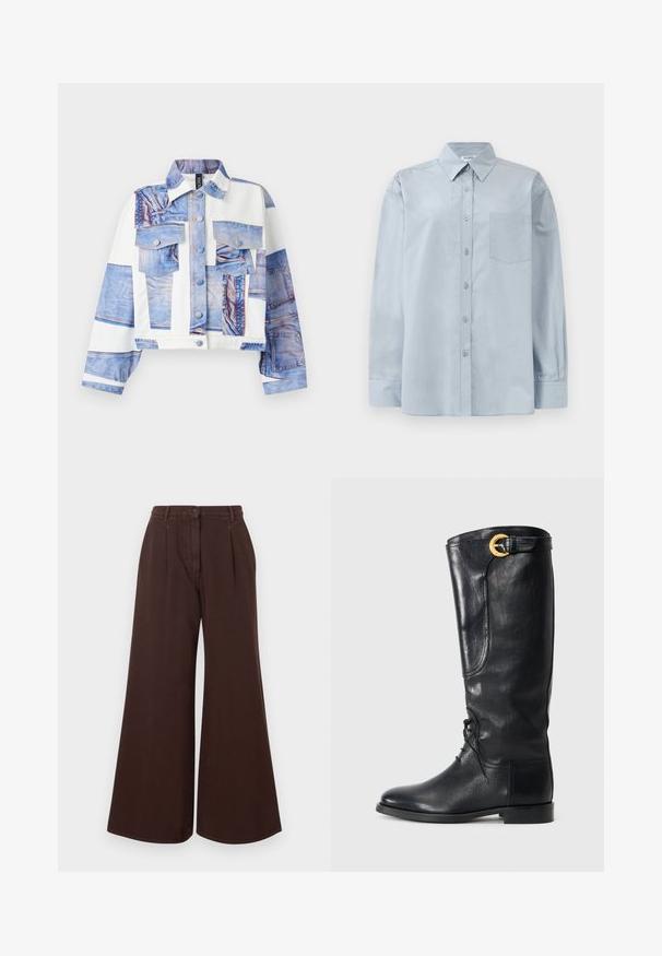 Félbevágott dzseki farmer mintával, öt zsebből áll, gombos záródással és kontrasztos fehér anyagpanelekből készült. A kék árnyalatok uralkodnak.; Világoskék, hosszúujjú, gombos ing, hegyes gallérral és mellzsebbél, fehér háttéren, vízszintesen elhelyezve.; Magas derekú, bő szárú barna nadrág gombos és cipzáras záródással, övhurkokkal és elülső pliszékkel.; Fekete bőrből készült, térd fölé érő csizma, lekerekített orral, fűzős elülső résszel, oldalsó díszítéssel és arany színű csattal a tetején. Simább textúra.