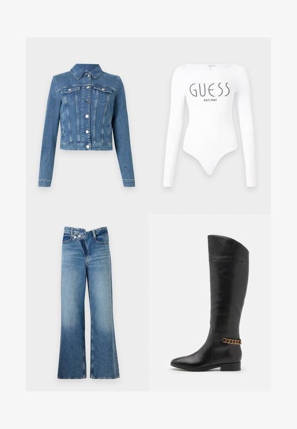 Jeansjacka i ljusblått, med en spetsig krage, två bröstfickor, silverfärgad hårdvara och en cropped passform med sydda detaljer.; Vit långärmad bodysuit med rund halsringning. Har "GUESS"-logotypen och "EST.1981" tryckt i svart på framsidan. Slät textur.; Ljust blå denim jeans med utsvängda ben och hög midja, med två knappar och framfickor. Tyget har en blekt textur med subtila variationer.; Höga svarta läderstövlar med en strömlinjeformad design, spetsig tå och en guldkedja vid vristen. Låg klack. Slät yta.