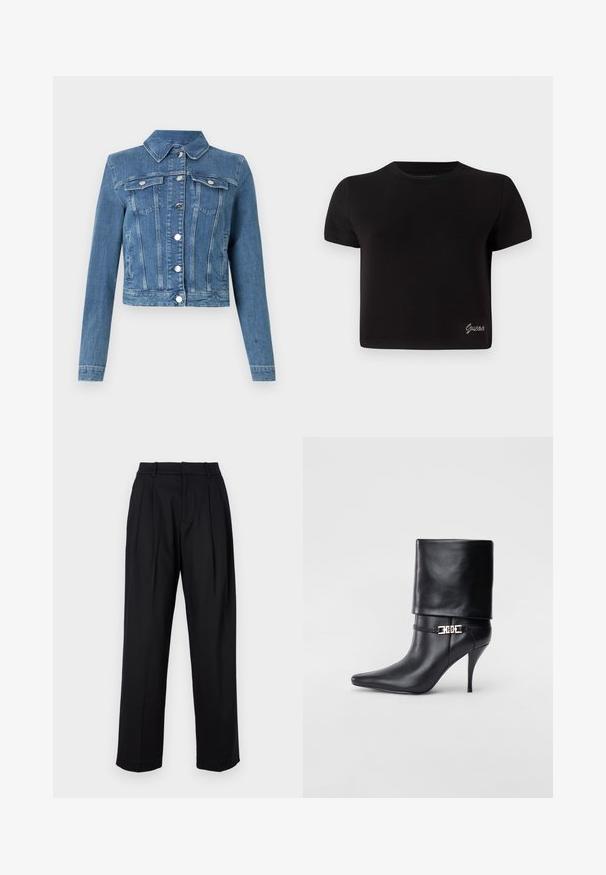 Gai zila džinsa jaka ar izteiktu apkakli, divām krūšu kabatām, sudraba furnitūru un īsu piegriezumu ar izšuvumiem.; Melnā, īsām piedurknēm T-kreklā izgatavots no kokvilnas. Iezīmē apaļu kakla izgriezumu un mazu sudraba "Guess" logo apakšējā kreisajā stūrī.; Melni bikses ar izsmalcinātu dizainu, kurām ir augsta josta, izgriezumi un taisnas kājas griezums. Izgatavotas no gludas auduma vienkrāsainā dizainā.; Melnas ādas potīšu zābaki ar smailu purngalu, augstu stiletto papēdi, salocītu aproci un zeltītu dekoratīvu sprādzi uz potītes.