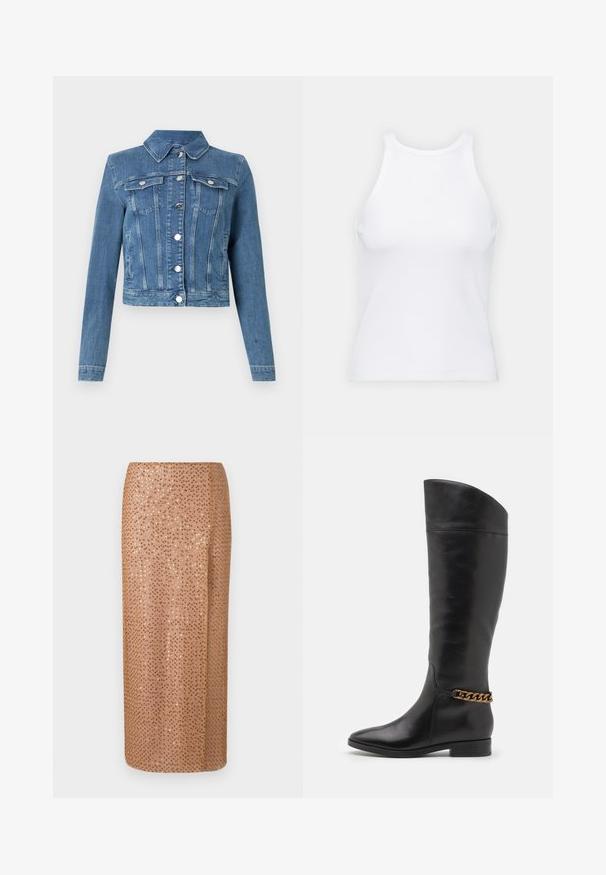 Helesinine teksajakk, millel on terav krae, kaks rinnaülesannet, hõbedane riistvara ja lühendatud lõige koos õmmeldud detailidega.; Valge ilma varrukateta T-särk, mis on valmistatud ribakangast, ümarate kaelustega ja kitseneva siluetiga, minimaalse õmbluste ning ilma kaunistusteta.; Helesbeadidega midi seelik heledas beežis, millel on sädelev disain, sirge siluett ja külgsisene lõhik detailide ja liikumise jaoks.; Kõrged mustad nahast saapad, millel on stiilne disain, terav nina ja kuldne kett aktsent pahkluul. Madal plokk-konts. Sile tekstuur.