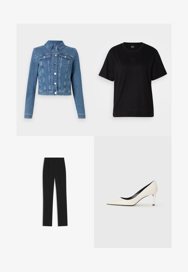 Jeansjacka i ljusblått, med en spetsig krage, två bröstfickor, silverfärgad hårdvara och en cropped passform med sydda detaljer.; Svart bomullströja med rund halsringning, korta ärmar och en broderad logotyp på bröstet. Enkel, avslappnad passform utan mönster.; Svarta skräddarsydda byxor med rak bendesign, som har framfickor och ett slätt, strukturerat tyg. Prydlig, minimal detaljer.; Vit patenterad läder högklackad pumpe med spetsig tå, smal klack och svarta detaljer inuti. Slät yta och elegant design.