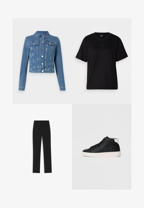 Denim jacket in light blue, featuring a pointed collar, two chest pockets, silver hardware, and a cropped fit with stitched detailing.; Black cotton t-shirt with a crew neckline, short sleeves, and an embroidered logo on the chest. Simple, relaxed fit with no patterns.; Black tailored trousers with a straight-leg design, featuring front pockets and a smooth, textured fabric. Neat, minimal detailing.; Black high-top sneaker made of smooth leather with white rubber sole, featuring round laces, a padded collar, and a contrasting heel accent.