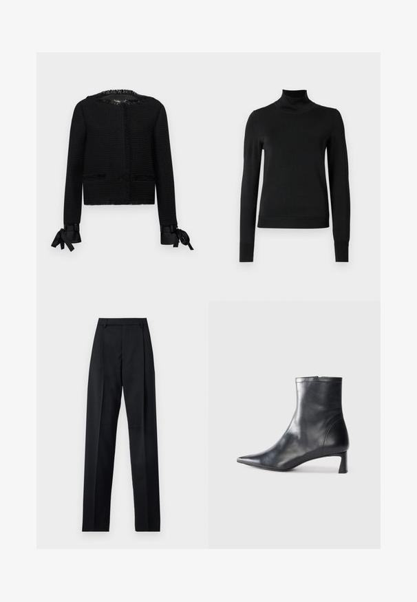 Black textured jacket with fringed neckline and cuffs. Features ribbon ties at sleeve ends and two front pockets. Mid-length design.; Black long-sleeve turtleneck sweater with ribbed cuffs and hem, displayed on a plain white background.; Black trousers made from smooth fabric featuring a high waist, wide legs, front pleats, and classic belt loops. No side pockets visible.; Black leather ankle boot with a pointed toe and a sleek design. Features a low heel and a zipper closure at the back. Smooth texture.