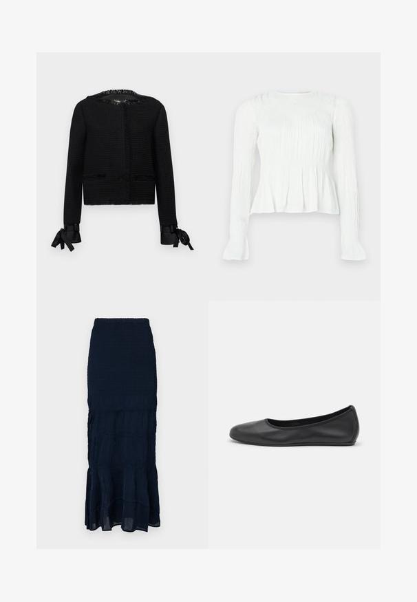 Melna teksturēta jaka ar franjeveida apmalēm ap apkakli un piedurknēm. Iekļauj lentu saitītes piedurkņu galos un divas priekšējās kabatas. Vidēja garuma dizains.; Balta, garām piedurknēm blūze ar savāktiem auduma elementiem, raukotu korseti un izšaurinātām aprocēm vienkāršā fonā.; Tumši zils midi svārks ar smokētu rakstu, pakāpienveida, krokojumu apakšu un teksturētu audumu. Elastīgs viduklis regulējamai piekļuvei.; Melna ādas baleta kurpe ar noapaļotu purngalu, gludu tekstūru, minimālu šuvju detalizāciju un elastīgu zoles dizainu.