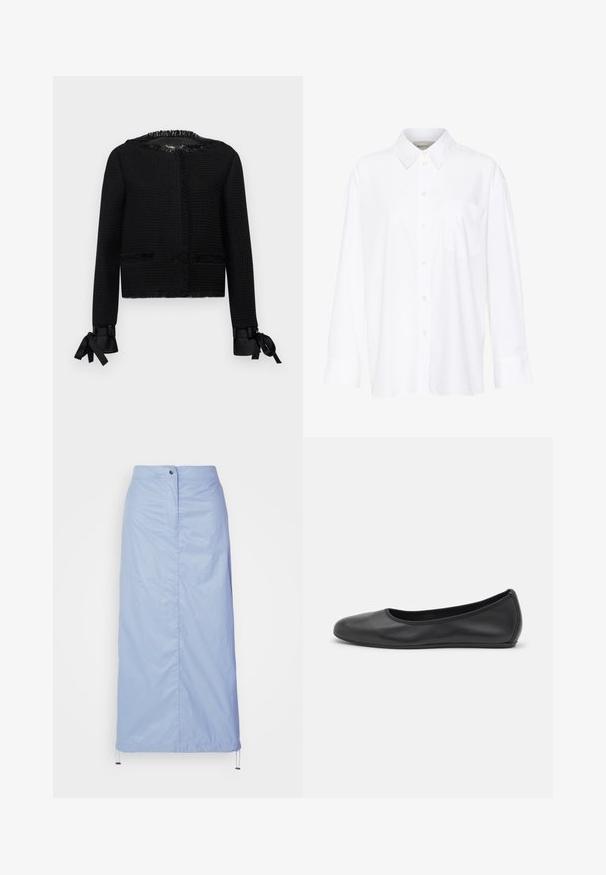 Black textured jacket with fringed neckline and cuffs. Features ribbon ties at sleeve ends and two front pockets. Mid-length design.; White long-sleeve collared shirt made of cotton. Features a button-down front and a single chest pocket. Smooth texture, relaxed fit.; Light blue, mid-length skirt made of smooth, lightweight material with a straight cut, features a front button closure and drawstring hem.; Black leather ballet flat with a rounded toe, smooth texture, minimal stitching detail, and a flexible sole design.