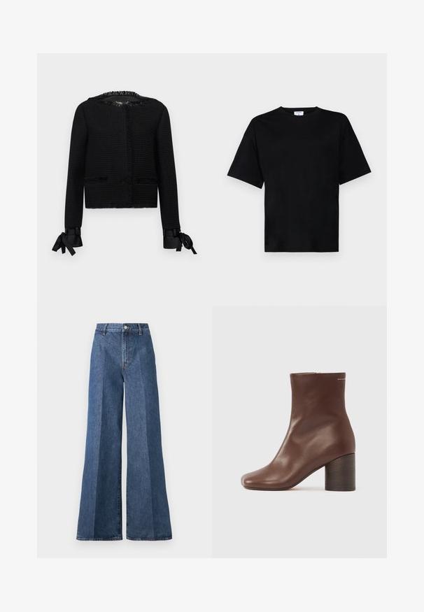 Čierna textúrovaná bunda s frnčovými lemy na krku a manžetách. Má stužkové zaväzovanie na koncoch rukávov a dva predné vrecká. Stredná dĺžka.; Čierne tričko s krátkym rukávom v uvoľnenom strihu, vyrobené z jemného materiálu, s okrúhlym výstrihom a bez výrazných vzorov alebo akcentov.; Džínsy s širokými nohavicami modrej farby s vysokým pásom, s klasickým päťpriestorovým štýlom a zapínaním na gombík, vyrobené z textúrovanej bavlnenej tkaniny.; Hnedé kožené členkové topánky s hladkou textúrou, štvorcovou špičkou a pevnou drevenou pätou, s jednoduchým zipsom na boku.
