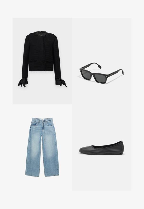 Sort tekstureretjakke med frynset halsudskæring og manchetter. Har båndsløjfer ved ærmespidserne og to forlommer. Mellemlang design.; Hvid ribbet kortærmet t-shirt med rund halsudskæring og raglanærmer. Tekstureret stof med en almindelig pasform. Logotag på bagsiden af halsen.; Lyseblå vidde jeans med høj talje, to forlommer, lynlås og en stofsnor til lukning i taljen. Klassisk denim tekstur.; Sort læderballetsko med rund tå, glat tekstur, minimal syning og et fleksibelt såldesign.; Sorte solbriller med rektangulært stel, mat finish, mørke linser og tre vandrette striber på hver stang. Minimalistisk design.; Sort håndtaske lavet af tekstureret læder med en rund form. Har en tynd skulderrem og dekorative præget mønstre.