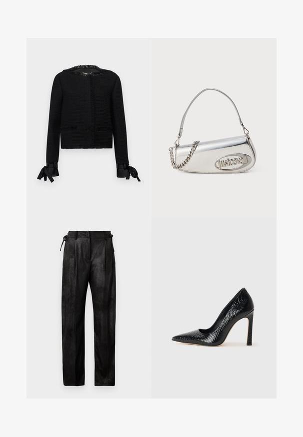 Čierna textúrovaná bunda s frnčovými lemy na krku a manžetách. Má stužkové zaväzovanie na koncoch rukávov a dva predné vrecká. Stredná dĺžka.; Čierny dlhý rukáv elastický crop top z textúrovanej látky, s priliehavým strihom a zhrnutím v oblasti poprsia.; Čierne, vysoké nohavice vyrobené z textúrovaného materiálu. Majú rovný strih nohavíc, skladanie a nastaviteľný šnúrkový pás.; Čierna lodička s špicatou špičkou a lakovanou textúrou krokodíla, s elegantným dizajnom, vysokým stiletto podpätkom a hladkým čiernym interiérom.; Strieborná metalická kabelka s okrúhlo trojuholníkovým tvarom, s logom, reťazovým popruhom a hladkou textúrou. Zips na bočnej strane.