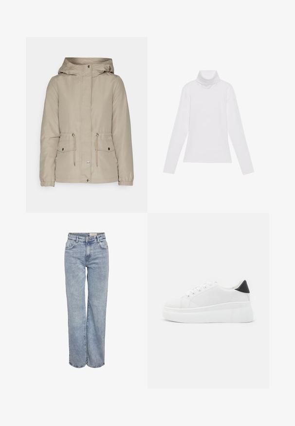 Bež kapuutsiga jakk, millel on esi tõmblukk, reguleeritav vöökoht ja kaks esist taskut. Omab elastseid mansette ja sujuvat, veekindlat tekstuuri.; Valge pikkade varrukate turtleneck-särk, mis on valmistatud siledast ja venivast kangast. Omab kõrget kraed ja keha lähedast lõiget, ilma nähtavate mustrite või kaunistusteta.; Heledad sinine laia jalaeest, valmistatud denimist, kõrge vöökohaga, viie tasku disainiga ja kerge tuhmumisega, mis annab kulunud välimuse.; Valged platvormsneakerid, mis on valmistatud siledast sünteetilisest materjalist, ovaalse toe, paelkinnise disaini ja tekstuurse kummitaldiga. Must kontsrihm.