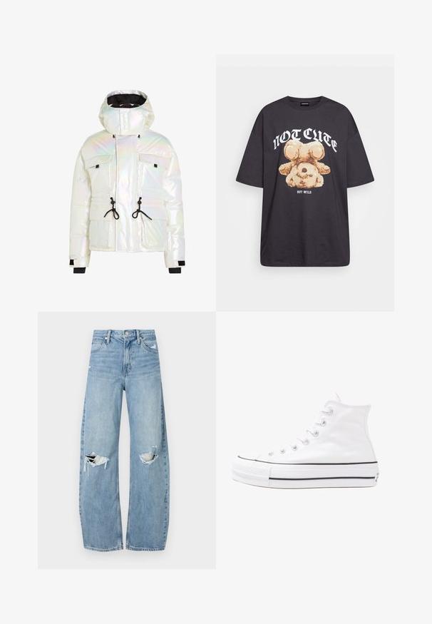 Veste rembourrée irisée avec un col montant, des cordons de serrage réglables, deux poches avant et des accents noirs sur les poignets et l'ourlet.; T-shirt noir oversize avec un graphique d'un ours et le texte « PAS MIGNON MAIS SAUVAGE » en lettres blanches, en gras. Matériau en coton.; Jeans en denim bleu clair à taille haute. Présentent des jambes larges, deux zones déchirées aux genoux et un style classique à cinq poches.; Baskets montantes en toile blanche avec semelle en caoutchouc noir, capuchon en caoutchouc à l'avant, et six œillets pour les lacets, présentant un design épuré et minimaliste.