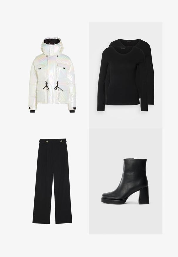 Spīdīga pūkainā jaka ar augstu apkakli, regulējamiem aukliņām, divām priekšējām kabatām un melniem akcentiem uz piedurknēm un apakšmalas.; Divi melni krekli ar garām piedurknēm un V-veida kakla izgriezumu, izgatavoti no mīksta, elastīga auduma, ar gludu tekstūru un pieguļošu formas.; Melnas platās bikses ar augstu jostasvietu, pogu detaļām uz jostas un priekšējām krokām.; Melna ādas potīšu zābaku ar bloku papēdi un platformas zoli, skatīts no sāna uz vienkārša balta fona.