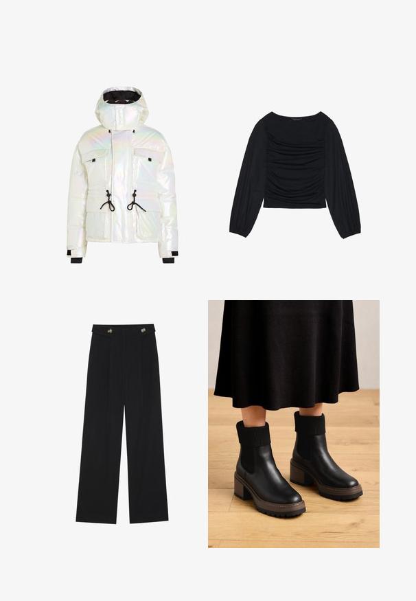 Giacca a vento iridescente con colletto alto, lacci regolabili, due tasche frontali e dettagli neri ai polsi e all'orlo.; Top nero a maniche lunghe con dettaglio di tessuto arricciato sul davanti e ai polsi, realizzato in materiale morbido ed elasticizzato con scollatura a barca.; Pantaloni neri a gamba larga con vita alta, dettagli con bottoni in vita e pieghe frontali.; Stivaletti neri in pelle con polsini in tessuto a costine, tacco chunky marrone e suola testurizzata. Finitura liscia con pannelli laterali elasticizzati.