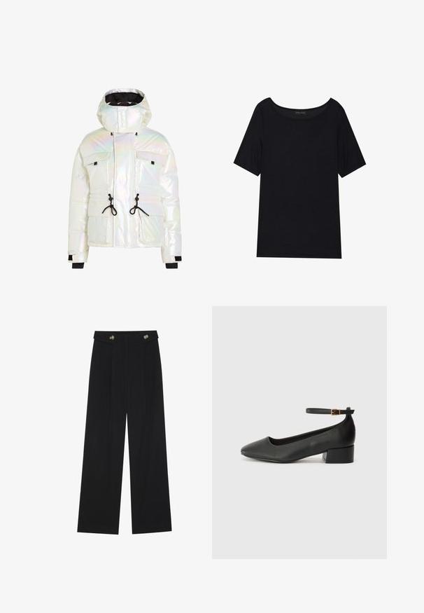 Iridescent puffer jacket featuring a high collar, adjustable drawstrings, two front pockets, and black accents on cuffs and hem.; Black short-sleeve T-shirt with a wide neckline. Made of soft, lightweight fabric. Simple design with no patterns or accents.; Black wide-leg trousers with high waist, button details on waistband, and front pleats.; Black leather pump with a pointed toe and a low block heel. Features an ankle strap with a gold-tone buckle. Smooth texture.