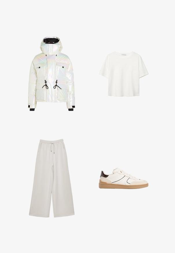 Iridescente Puffer-Jacke mit hohem Kragen, verstellbaren Kordelzügen, zwei Vordertaschen und schwarzen Akzenten an den Bündchen und dem Saum.; Weißes T-Shirt mit kurzen Ärmeln aus Baumwolle. Hat einen Rundhalsausschnitt und eine lockere Passform. Glatte Textur ohne sichtbare Muster oder Akzente.; Helle graue weit geschnittene Hose aus weichem Stoff mit elastischem Bund, verstellbarem Kordelzug und seitlichen Taschen. Weiche Textur über das gesamte Material.; Stradivarius Sneaker low - white