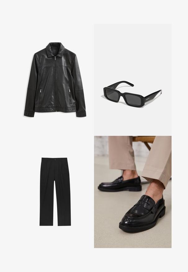 Zwart leren jasje met een kraag, rits aan de voorkant, twee zijzakken met rits en een gladde textuur.; Zwarte gebreide trui met een hoge kraag, lange mouwen en geribde manchetten en zoom, met een gladde textuur en een klassieke silhoeet.; Zwarte broeken met een recht model, gemaakt van een gladde stof. Voorzien van een voorplooien en een enkele knoopsluiting bij de taille.; Zwarte leren loafers met een gladde afwerking, voorzien van een decoratieve band en contrasterende stiksels, gecombineerd met beige broeken.; Arnette THEKIDD UNISEX - Zonnebril - black; Timex-horloge met een witte wijzerplaat, zwarte Arabische cijfers en een kast in goudkleur. Voorzien van een bruine leren band met krokodillenprint en een datumvenster.