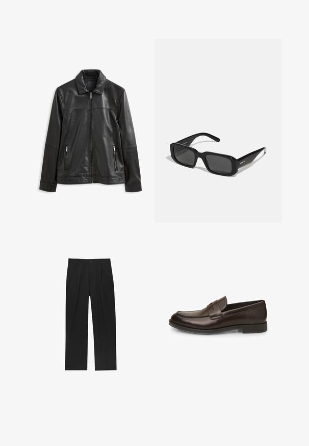 Giubbotto in pelle nera con colletto, chiusura frontale con zip, due tasche laterali con zip e una texture liscia.; Maglione nero lavorato a maglia con colletto alto, maniche lunghe e polsini e orlo a costine, caratterizzato da una texture liscia e una silhouette classica.; Pantaloni neri con un design a gamba dritta, realizzati in un tessuto liscio. Presentano pieghe frontali e una chiusura a un bottone in vita.; Mocassini in pelle marrone con una superficie liscia, punta arrotondata e dettagli di cucitura. Caratterizzati da un tacco basso impilato e design slip-on.; Arnette THEKIDD UNISEX - Occhiali da sole - black