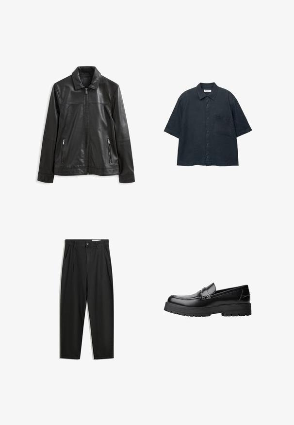 Schwarze Lederjacke mit Kragen, Frontreißverschluss, zwei seitlichen Reißverschlusstaschen und glatter Oberfläche.; Dunkelblauses Kurzarm-Hemd mit Knopfleiste, aus leichtem Stoff gefertigt, mit einer Brusttasche und einem klassischen Kragen-Design.; Schwarze Baumwollhose mit lockerem Schnitt, ausgestattet mit einem klassischen Bund, vorderen Falten und Seiten taschen. Glatte Textur ohne Muster.; Schwarzer Lederloafer mit grobem, rutschfestem Sohlenprofil und dekorativem Riemen über der Oberseite, seitlich links auf weißem Hintergrund abgebildet.