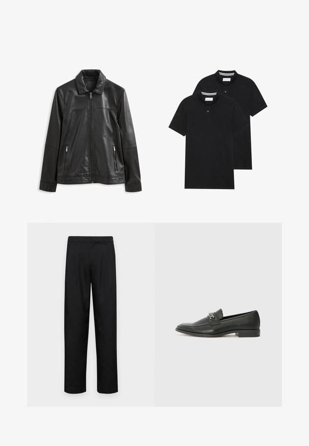 Čierna kožená bunda s golierom, predným zipsovým zapínaním, dvoma bočnými zipsovými vreckami a hladkým povrchom.; Dvé čierne polo tričká, krátke rukávy, vyrobené z bavlny, s klasickým golierom, dvojitým gombíkom a bielymi pruhmi vo vnútri goliera.; Čierne nohavice vyrobené z hladkej tkaniny, s rovnými nohavicami, dvoma prednými skladmi a štandardným pásom s pútkami na opasok.; Čierne kožené loafers s hladkým povrchom, s prešitým dizajnom a dekoratívnym kovovým reťazovým akcentom cez priehlavok. Plochý podpätok.