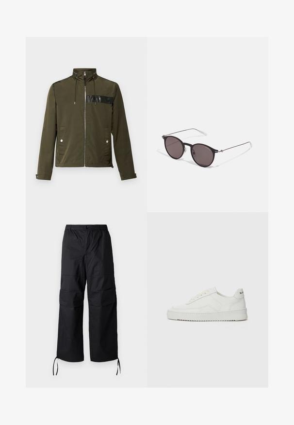 Oliven grøn jakke med høj krave, lynlås foran og to sidelommer. Har et sort log panel over brystet og justerbare snore.; Sort bomulds T-shirt med rund halsudskæring, korte ærmer og "EMPORIO ARMANI" logo i hvid over "Milano" i et buet design.; Sorte cargo-bukser lavet af letvægtsstof, med brede ben, elastisk talje og justerbare snore ved manchetterne. To sidelommer.; Hvide lædersneakers med en glat overflade, rund tå, flade snørebånd og en tekstureret sål. Har et diskret logo på hælen.; Sorte runde solbriller med mørke linser og slanke metalarme. Inkluderer klare tempeltips og sølvdetaljer ved hængslet. Minimalistisk design.