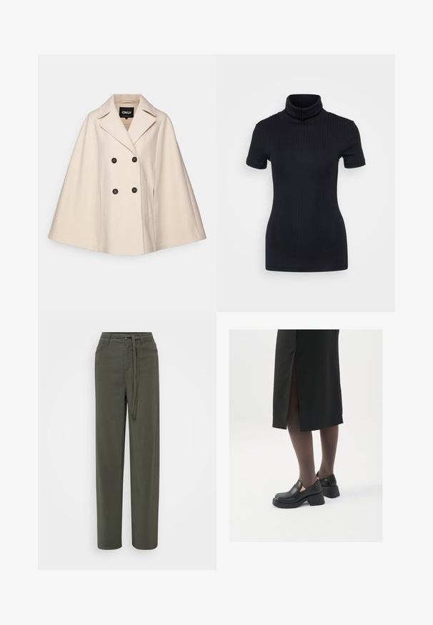 Beige villa sekoittumalla takki, jossa on kaksoisnappi, suuret kaulukset ja kaksi sivutaskua; siinä on tummat napit ja pehmeä rakenne.; Musta ribbed poolikaeluse top, lühikesed varrukad, keha külge liibuv disain, pehme tekstuur, minimaalsed õmblused ja kõrge krae.; Vihreät, leveälahkeiset housut, jotka on valmistettu kevyestä kankaasta, vyötäröllä on vyö, etutaskut ja sileä pinta.; Mustat nahkakengät pyöreällä kärjellä, paksulla lohkopohjalla ja joustavilla sivuakkesseilla, yhdistettynä tummiin sukkahousuihin ja mustaan hameeseen, jossa on halkio.