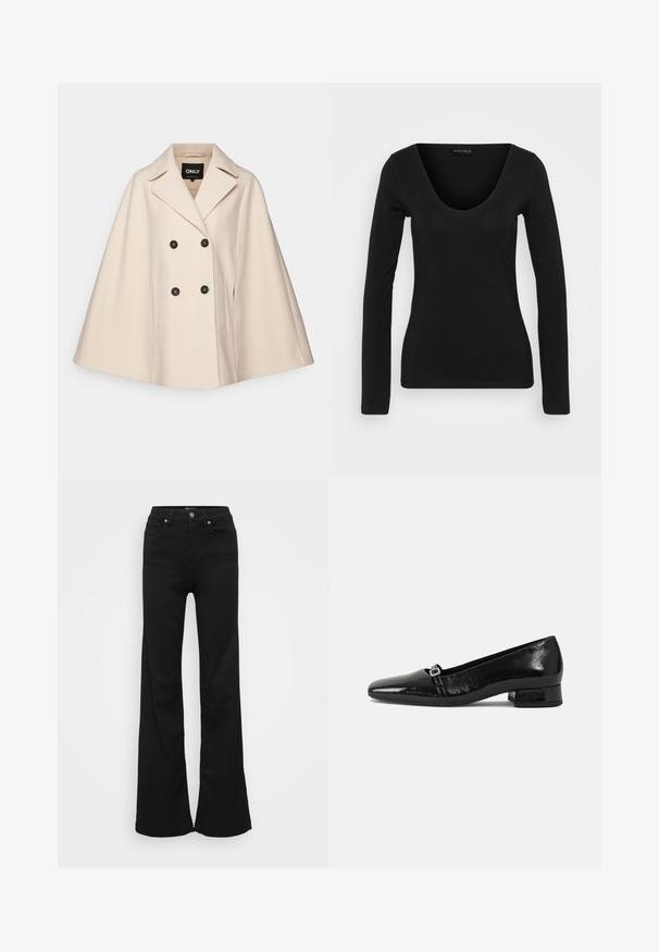 Bežový vlnený blendovaný plášť s dvojradovým zapínaním, veľkými klopami a dvoma bočnými vreckami; obsahuje tmavé gombíky a jemnú textúru.; Čierny top s dlhými rukávmi vyrobený z mäkkej tkaniny. Má výstrih do V a priliehavý strih, s hladkou textúrou a minimálnymi detailmi šitia.; Čierne rozšírené džínsy vyrobené z denimu, s vysokým pásom, piatimi vreckami a kovovým zapínaním. Hladká textúra s minimálnym zdobením.; Čierne lakované baleríny s špicatou špičkou, nízkym štvorcovým podpätkom a malým kovovým sponou na remienku. Hladká textura.