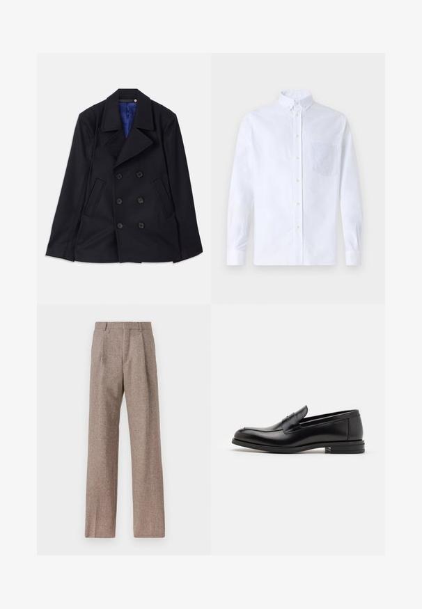 Mornarji dvoslojni plašč iz gladke volne, ki ima dva sprednja žepa in zarezan ovratnik. Notranjost obložena s svetlo modro tkanino.; Bela dolgo rukava srajca s kragnico, izdelana iz bombaža, z žepom na prsih in toniranimi vezeninami ter gumbi na manšetah.; Rjave hlače z visokim pasom, izdelane iz teksturirane tkanine. Imajo široke noge in dve sprednji pregibi za strukturo. Urejen zaključek brez vidne strojne opreme.; Črne usnjene loafer čevlje z gladko teksturo, zaobljenim nosom in dekorativnim trakom čez zgornji del. Nizka zložena peta, minimalističen dizajn.