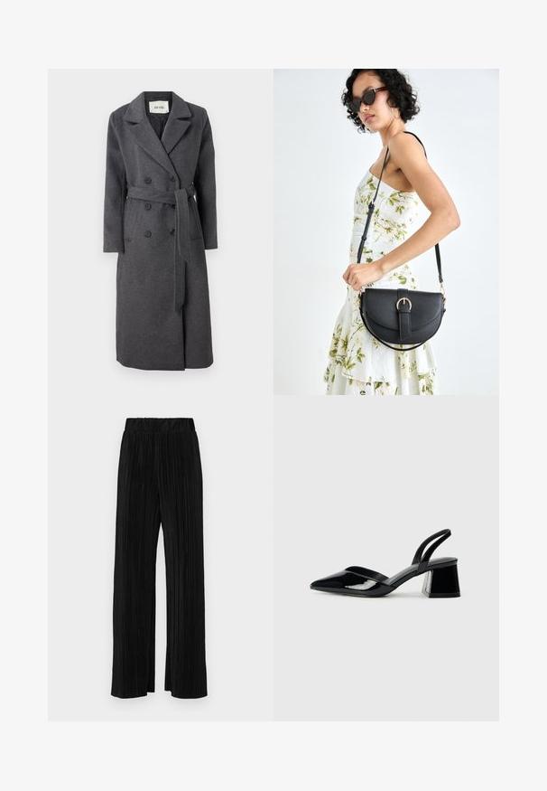 Grauer Wollmantel mit doppelter Knopfleiste, Reverskragen, langen Ärmeln, tailliertem Gürtel und seitlichen Taschen. Klassisches, tailliertes Design.; VILA VIAMANDA TURTLE NECK - Strickpullover - black; Schwarze plissierte Hose mit elastischem Bund. Verfügt über weite Hosenbeine und einen glatten, strukturierten Stoff mit vertikalen Streifen.; Schwarze Lackleder-Slingback-High Heels mit spitzem Schuh und einem geometrischen Blockabsatz. Verfügt über ein schlankes, minimalistisches Design und eine glatte Textur.; Schwarze Lederhandtasche mit geschwungener Form, abnehmbarem Tragegurt und goldenen Beschlägen. Die Tasche verfügt über einen Deckel mit einer Schnallen-Details.