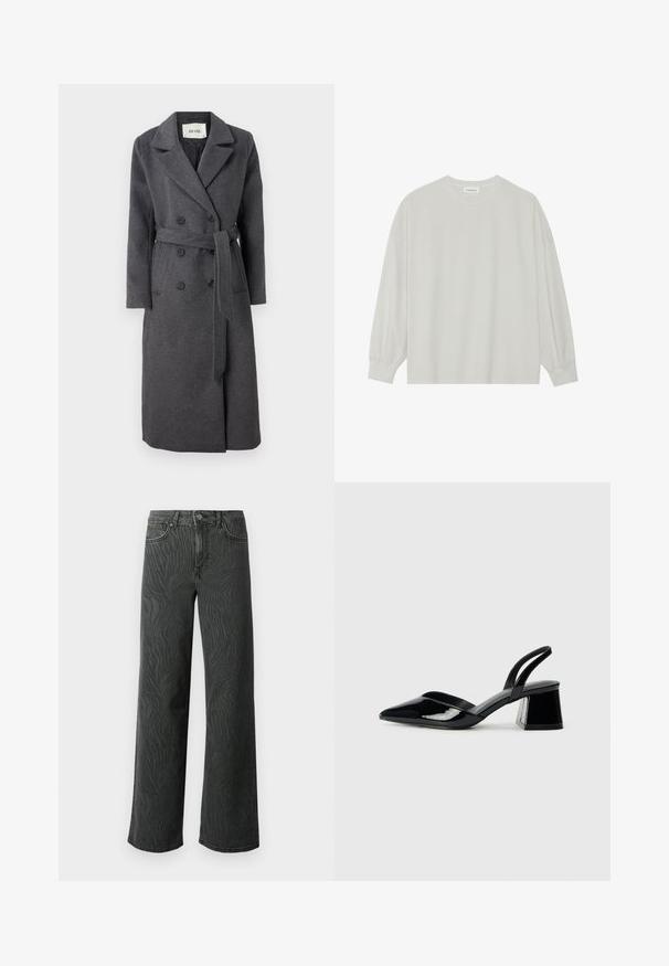Casaco de lã cinza com frente de duplo botão, lapelas em bico, mangas longas, cintura cingida com cinto e bolsos laterais. Design clássico e sob medida.; Camisola de manga longa cinza clara, feita de algodão suave. Apresenta um corte solto, decote redondo e punhos ligeiramente franzidos. Sem padrões nem gráficos.; Calças de perna larga em denim cinza escuro, apresentando uma textura sutil de padrão zebra, costura em contraste e um design de cinco bolsos com fecho de botão.; Sandy em verniz preto com salto slingback, ponta afilada e salto geométrico. Apresenta um design elegante e minimalista com textura suave.