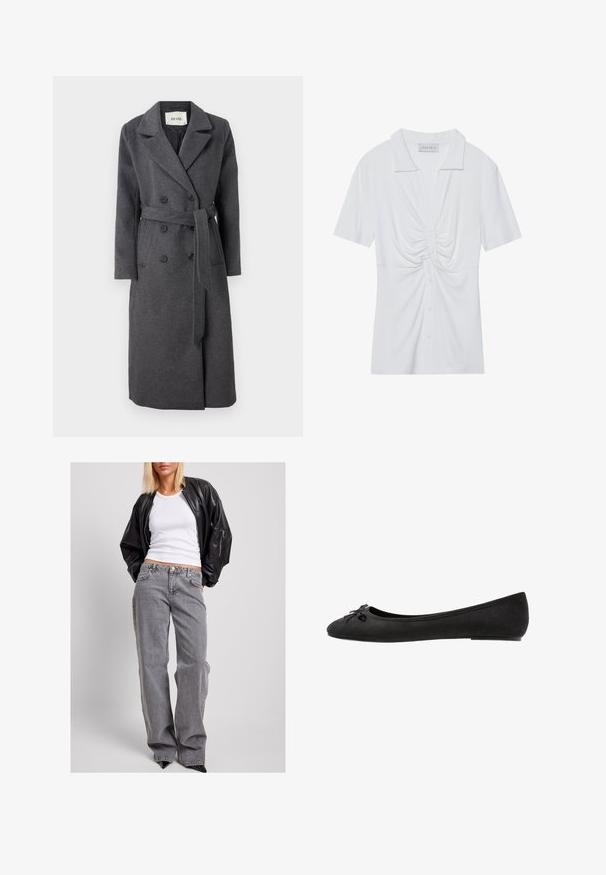 Pilkas vilnos paltas su dvigubu užsegimu, išpjautomis apykaklėmis, ilgomis rankovėmis, diržo liemeniu ir šoninėmis kišenėmis. Klasikinis siuvimo dizainas.; Balta trumpomis rankovėmis palaidinė su apykakle, su suktiniu priekyje ir sagų užsegimu. Lygus ripsuotas audinys.; Juodas odinis bomber stiliaus švarkas, baltas raštuotas marškinėlis, ir pilkos džinsinės kelnės su aukštu liemeniu, laisvu kirpimu, subtiliomis siūlėmis ir akcentinėmis kišenėmis.; Juodos suedes baleto bateliai su suapvalintu pirštu, su dekoratyvine juostele priekyje ir plokščiu pado dizainu. Lygus paviršius ir klasikinė forma.
