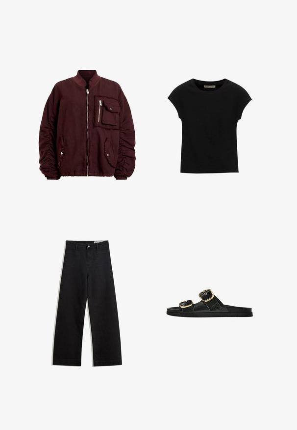 AllSaints Bomberjacks - red; Zwarte korte mouwen t-shirt gemaakt van zachte stof, met een ronde halslijn en een ontspannen pasvorm, met een gladde textuur en zonder patronen.; Zwarte denim broek met wijde pijpen en een hoge taille, voorzien van voor- en achterzakken, gestikte naden en een knoopsluiting. Gladde textuur.; Zwarte slipper met twee gouden gesps, gladde textuur, platte zool en een minimalistisch ontwerp.