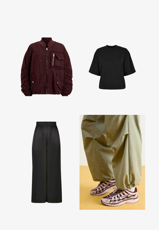 AllSaints Bomberjacke - red; Schwarzes, kurz geschnittenes T-Shirt aus Baumwolle. Hat kurze Ärmel und einen runden Halsausschnitt. Glatte Textur mit einem schlichten Design, ohne zusätzliche Muster.; Schwarze, weit geschnittene Hosen aus glattem, glänzendem Stoff mit elastischem Bund und ohne sichtbare Taschen oder Metallteile.; Sportliche Sneakers mit einem grauen und dunkelvioletten Design, ausgestattet mit einem Obermaterial aus Mesh, stützenden Riemen und einer Gummisohle, kombiniert mit lockeren grünen Hosen.
