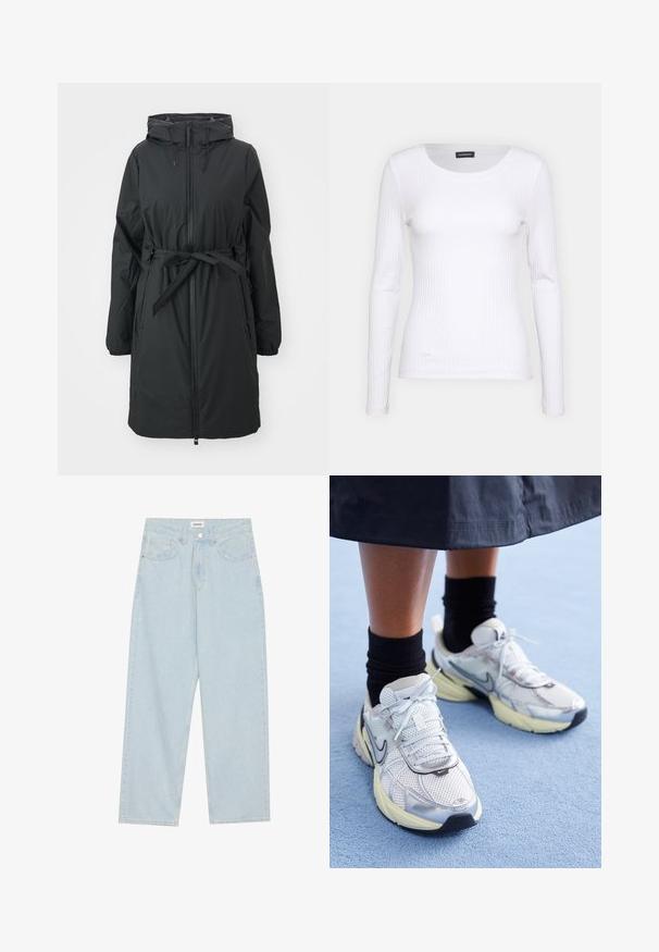 Melna, gara pūkaina jaka ar auklu regulējamu kapuci, priekšējo rāvējslēdzēju un jostu viduklim. Iezīmē elastīgas aproces un gludu tekstūru.; Balts ribots garām piedurknēm krekls ar apaļu kakla izgriezumu. Izgatavots no elastīga auduma, kas pieguļ ķermenim. Iezīmējas ar smalkām horizontālām līnijām.; Gaiši zilas platās kājas džinsi, kas izgatavoti no denima, ar vidēju jostas augstumu, piecām kabatām un pogas aizdari ar šauru metāla akcentu.; Baltie un sudraba Nike kedas ar tīkla audumu, atstarojošiem akcentiem un bēša zoli. Valkātas ar melnām zeķēm, stāvot uz zilas virsmas.