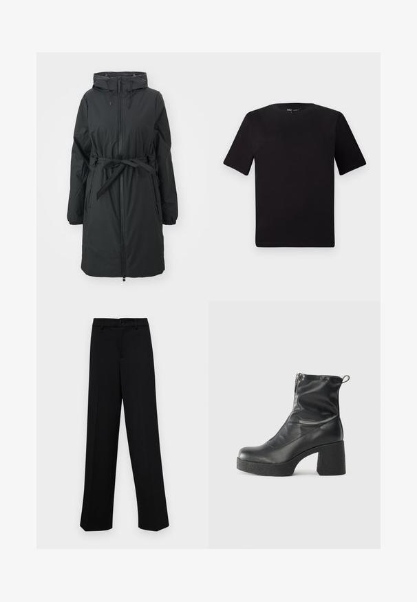 Black, long puffer coat with a drawstring hood, front zipper, and belted waist. Features elastic cuffs and a smooth texture.; Black short-sleeve t-shirt with a round neckline, crafted from soft cotton fabric. Simple design, no visible logos or patterns.; Black wide-leg trousers made of smooth fabric, featuring a classic waistband with a button closure and front pleats.; Black ankle boots made of smooth leather, featuring a side zipper, chunky textured heel, and rounded toe design.