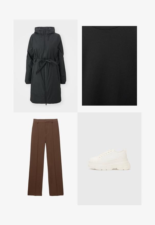 Crna, duga puffer jakna s kapuljačom na vezanje, prednjim zatvaračem i pojasom u struku. Ima elastične manžetne i glatku teksturu.; Crni pamučni materijal s glatkom teksturom i okruglim izrezom, s nježnim, ravnomjernim uzorkom. Nema vidljivih logotipa ili akcenata.; Smeđe široke hlače izrađene od glatke tkanine; imaju obložene prednje nabore i ravni pojas s petljama za remen.; Bijela platnena tenisica s debelim potplatom, zaobljenim vrhom i pet rupica za vezice. Stražnji tab za jednostavno obuvanje. Glatka tekstura, minimalistički dizajn.
