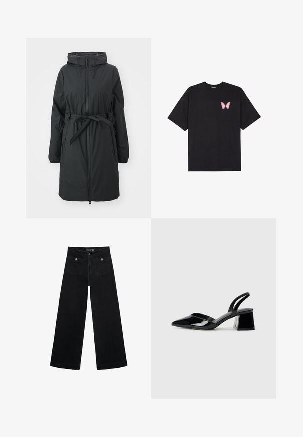 Černý dlouhý péřový kabát s kapucí na stažení, předním zipem a opaskem v pase. Obsahuje elastické manžety a hladkou texturu.; Černé bavlněné tričko s krátkým rukávem, na levém prsou s malou grafikou růžové motýlky. Design s kruhovým výstřihem a volným střihem.; Černé široké džíny s vysokým pasem, obsahující dvě přední kapsy a kovové knoflíkové detaily. Látka má hladkou texturu.; Černé lakované kožené lodičky na pásku s špičatou špičkou a geometrickým blokovým podpatkem. Vyznačují se elegantním, minimalistickým designem a hladkým povrchem.