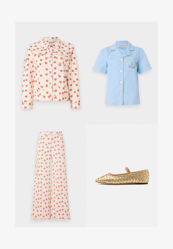 Denim jaka ar krēmīgu fona, kurai ir zemeņu raksts sarkanā un zaļā krāsā. Divas krūšu kabatas ar pogu aizdari un metāla akcentiem.; Gaiši zils īsā piedurkne krekls ar apkakli, ar krūšdaļa kabatu un daudzkrāsainiem ziedu izšuvumiem, pabeigts ar kontrastējošiem dekoratīviem elementiem.; Platās bikses, kas izgatavotas no gaiši brūna auduma, ar zemeņu rakstu sarkanā un zaļā krāsā. Iekļautas sānu kabatas un saplēsts malas dekorējums.; Loeffler Randall LEONIE SOFT BALLET FLAT - Baletkurpes ar siksniņu ap potīti - gold